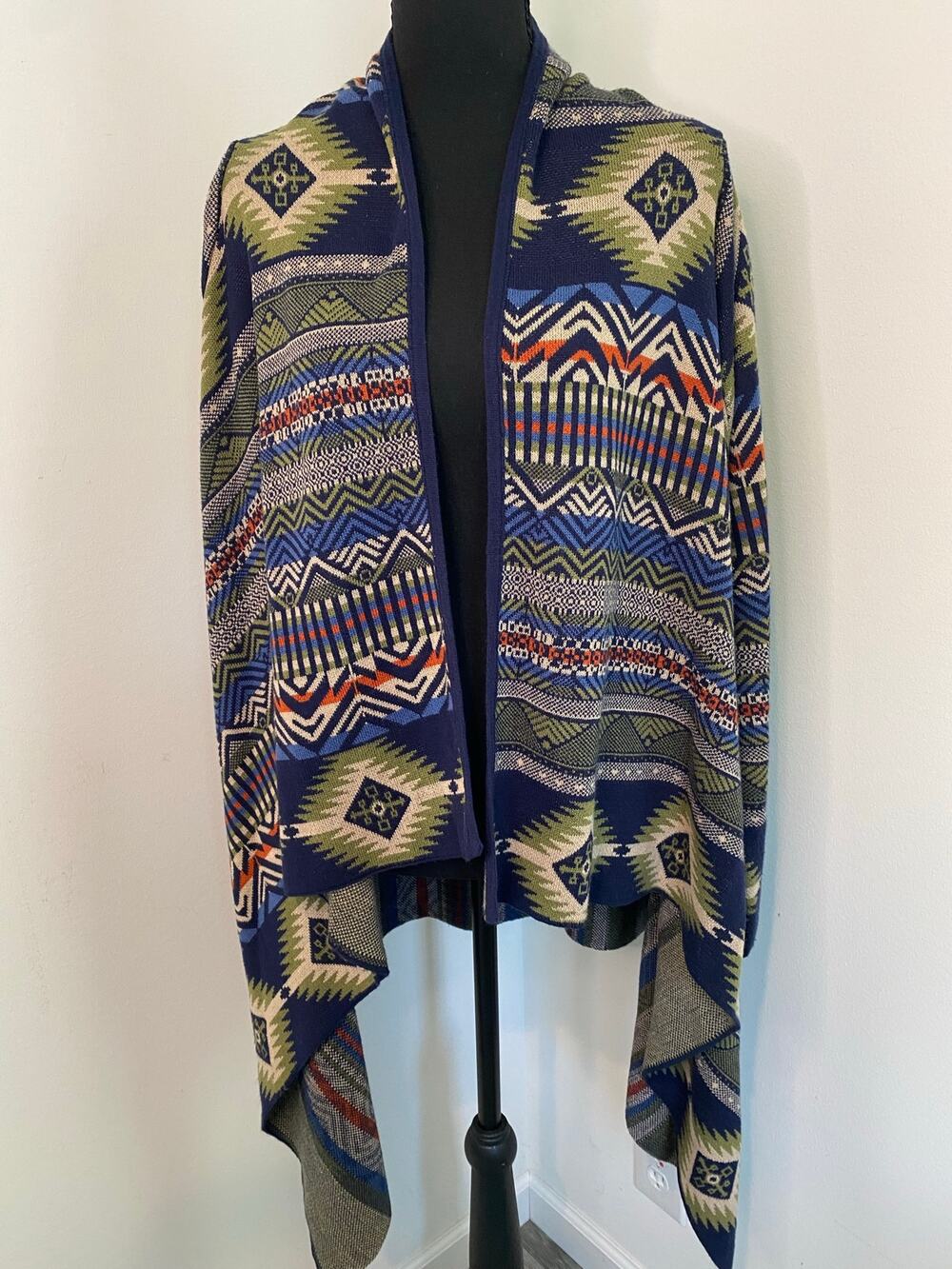 Rhapsody Aztec Pattern Open Front Cardigan Size L